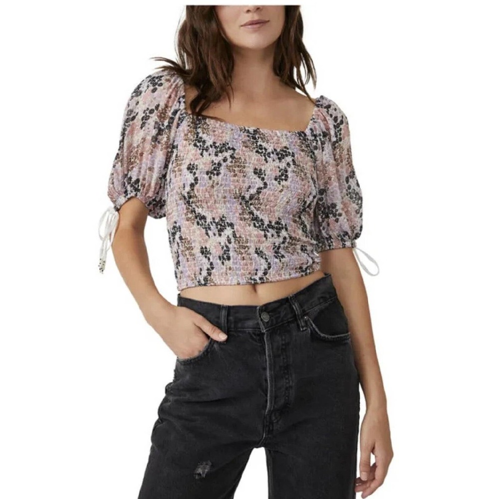 Free People Smocked Puff Sleeve Floral Crop Top In Soft Combo Size Small